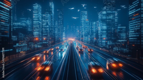 Futuristic cityscape at night with illuminated skyscrapers and busy highway, showcasing modern urban life and transportation dynamics