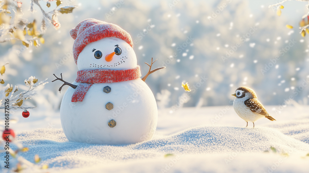 Obraz premium A snowman with birds in the winter snow vibes on Christmas time on a snow-covered surface against a soft, glowing bokeh snowy background. 