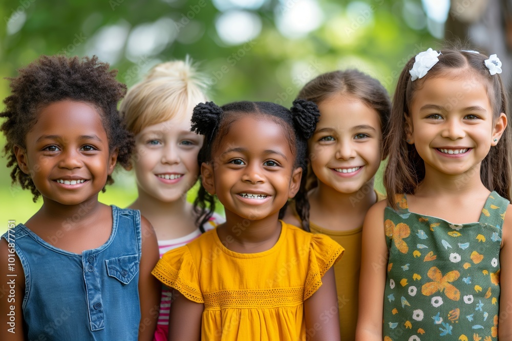 Happy diverse group of five children smiling outdoors, promoting joy, unity, and multiculturalism for educational and community use Happy diverse group of five children smiling outdoors, promoting joy, unity, and multiculturalism for educational and community use