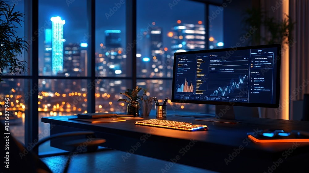 Businees office desk with glowing engagement statistics