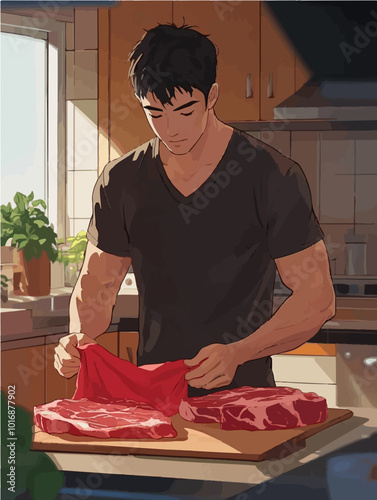 A detailed cartoon character of an Asian man in his mid-20s, preparing a meal in a kitchen, showcasing realism in everyday life situations.