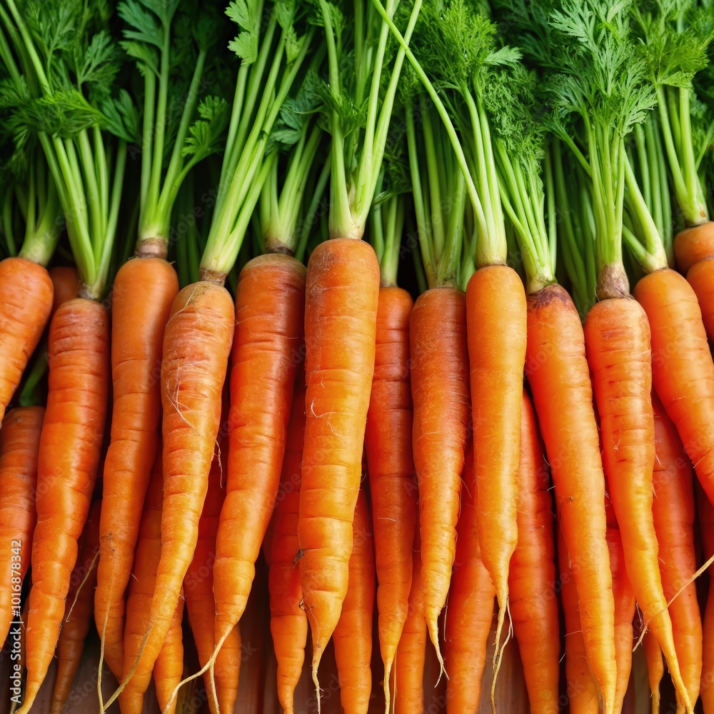 Freshly harvested carrots lined up on a wooden table in a kitchen setting. Generative AI Freshly harvested carrots lined up on a wooden table in a kitchen setting. Generative AI