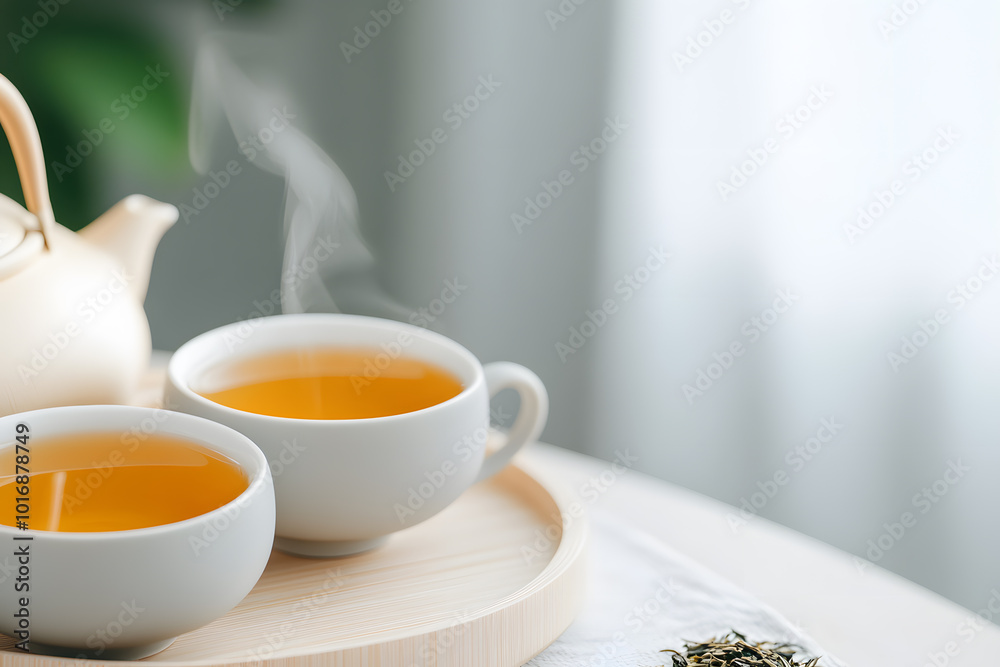 Set of Tea Cups with Tea Broth on a Light-Colored Surface | Elegant Tea Setting for a Relaxing Afternoon Set of Tea Cups with Tea Broth on a Light-Colored Surface | Elegant Tea Setting for a Relaxing Afternoon