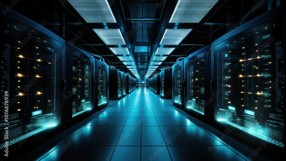Obraz premium Image of a quantum computer server room with rows of advanced machines.