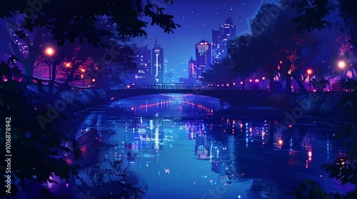 Illuminated river bridge at night with a vibrant town landscape in the background, creating a captivating and enchanting nighttime s Seamless looping 4k time-lapse virtual video animation Generated AI