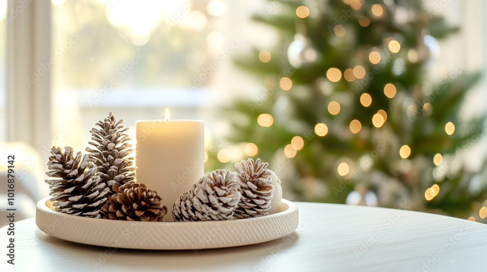 A lit candle sits on a tray surrounded by frosted pinecones, creating a cozy winter ambiance.