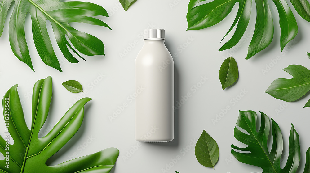 Eco-friendly white plastic bottle with green tropical leaves on white background, sustainable packaging design for natural products, minimalist layout
