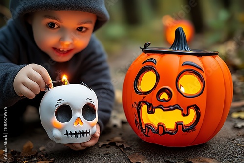 Gnomes lighting eerie lanterns shaped like skulls and ghosts to guide their way through a haunted forest, representing the scary lighting traditions of gnome Halloween photo