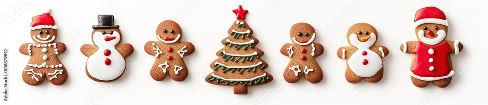 Various shapes of decorated gingerbread, Christmas tree, snowman, gingerbread man, snow flakes, present boxes on white background. Various shapes of decorated gingerbread, Christmas tree, snowman, gingerbread man, snow flakes, present boxes on white background.