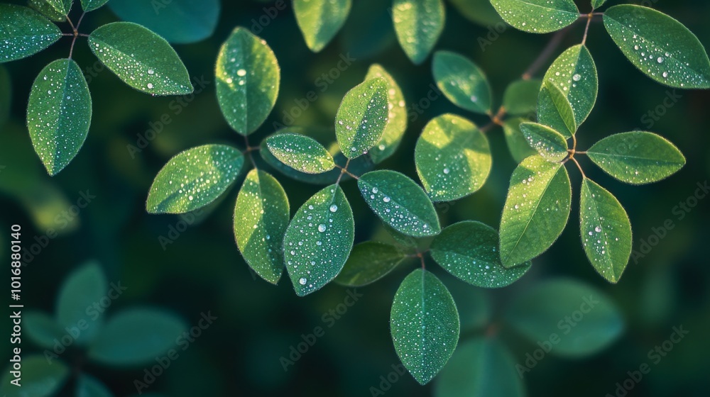 Fresh Green Leaves with Water Droplets at Dawn Fresh Green Leaves with Water Droplets at Dawn