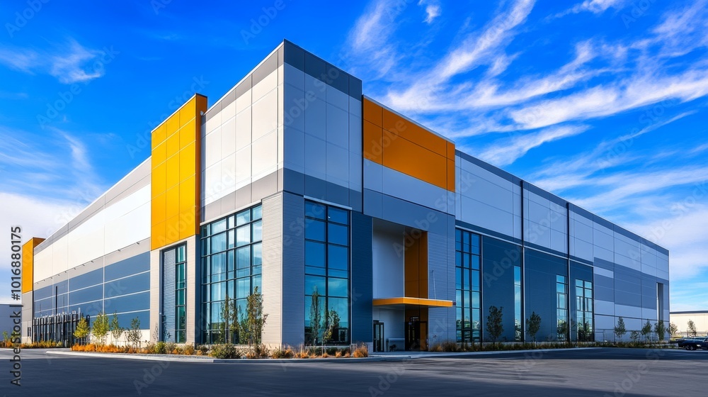 Modern warehouse building exterior, building servicing or car service buildings, Cargo transportation and logistics, with a parking lot on a blue sky background Modern warehouse building exterior, building servicing or car service buildings, Cargo transportation and logistics, with a parking lot on a blue sky background