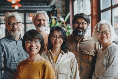 Group of diverse senior business people standing in a row in a coffee shop.