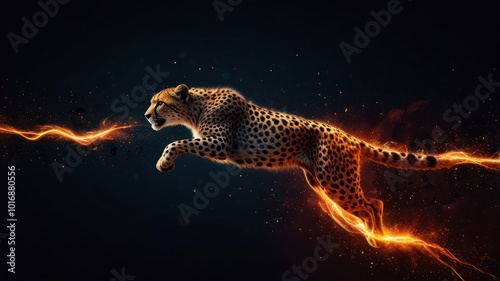 A cheetah leaps through a fiery trail, showcasing speed and power.