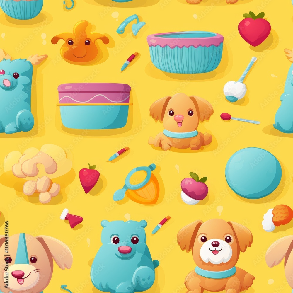 Adorable seamless design featuring dogs, toys, and pet care accessories in cartoon style Adorable seamless design featuring dogs, toys, and pet care accessories in cartoon style