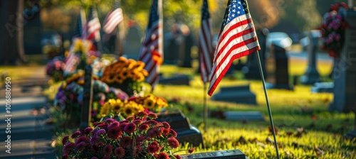 National Day of Mourning Cemetery with Flags and Flowers - Commemorative Print Design for Memorial Day