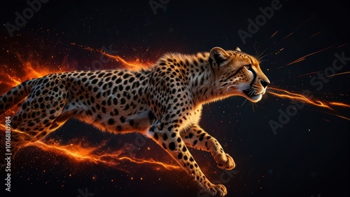 A cheetah running with fire streaks behind it on a black background.