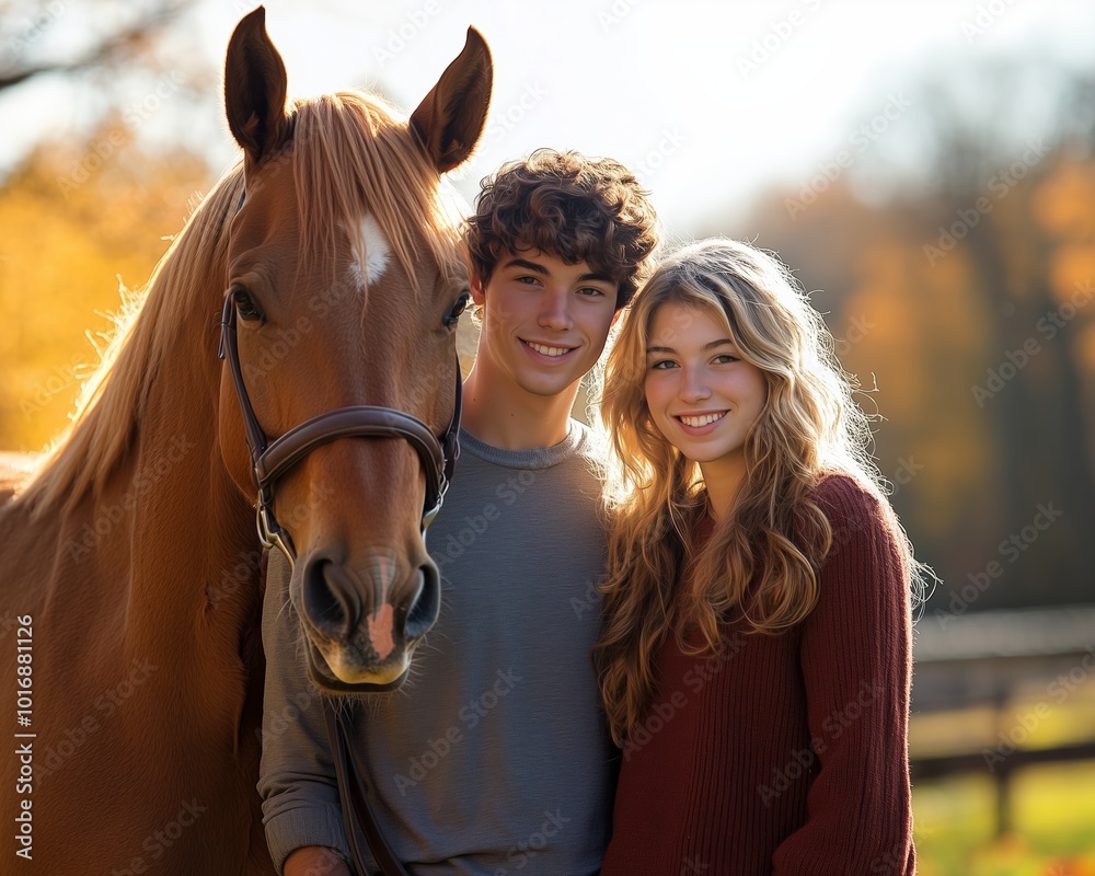 Obraz premium Young couple with horse portrait in rural western autumn fall sunny landscape. Horseback riding equestrian adventure camp and wild west tourism advertisement photo concept. 