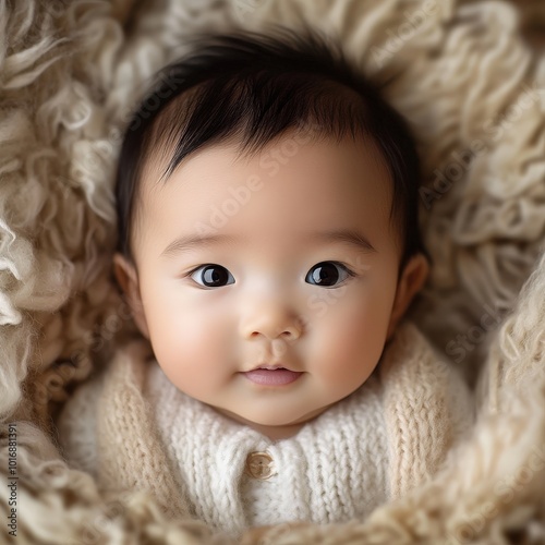 Adorable baby surrounded by soft, fluffy textures, showcasing a sweet expression and captivating big eyes, perfect for family-themed projects.