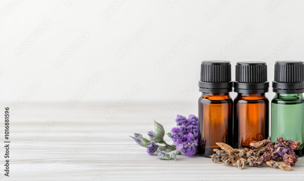 Essential Oils and Dried Lavender Flowers on White Wooden Background.