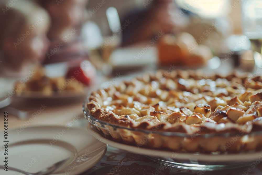 Thanksgiving family dinner, traditional apple pie close up. Thanksgiving family dinner, traditional apple pie close up.