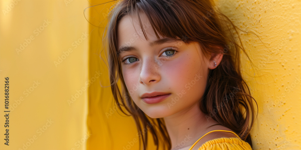 Portrait of a Young Girl Against a Vibrant Yellow Background Portrait of a Young Girl Against a Vibrant Yellow Background