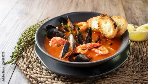 A French gourmet dish with bouillabaisse and toasted baguette crostini with rouille
