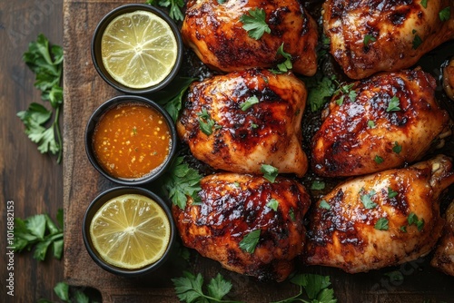 freshly baked whole chicken glazed with honey sauce beautifully presented on a rustic wooden table evoking warmth and a sense of homecooked comfort food photo