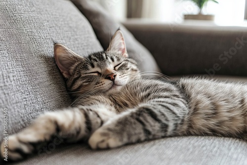 Close-Up of a Grey and White Cat Sleeping on the Sofa at Home. AI generated illustration