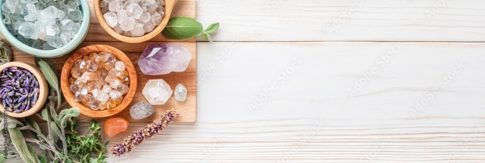Crystals, Herbs, and Wooden Bowls on White Wood Background. Crystals, Herbs, and Wooden Bowls on White Wood Background.