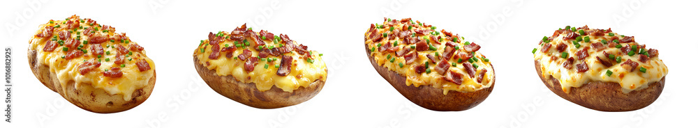 A stuffed potato, filled with bacon and cheese. A stuffed potato, filled with bacon and cheese.