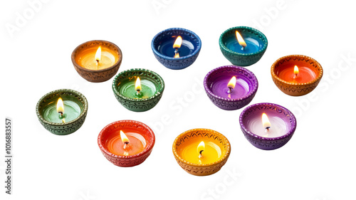 set of colorful diya lamps isolated on transparent background. Greeting card element for one of the major religious festivals in Hinduism, Jainism, Sikhism. photo