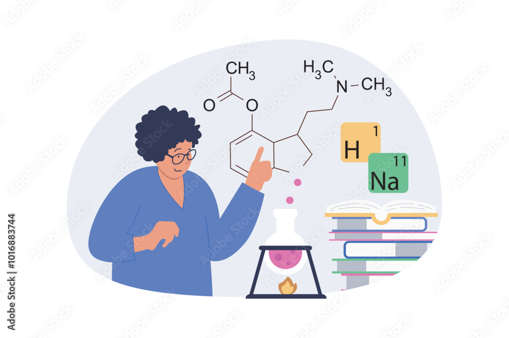 Science laboratory concept in modern flat design for web. Woman doing chemical research at test tubes and beaker, studying molecular structures and formulas at lab equipment. Vector illustration. Science laboratory concept in modern flat design for web. Woman doing chemical research at test tubes and beaker, studying molecular structures and formulas at lab equipment. Vector illustration.