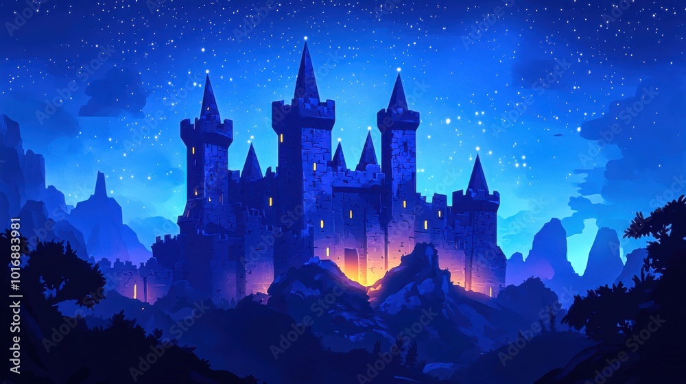 Fototapeta premium Enchanted castle illuminated at night against a starry sky landscape