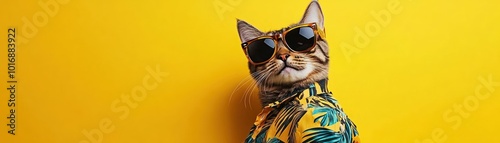 Chic Cat in Sunglasses Against Bright Yellow Background