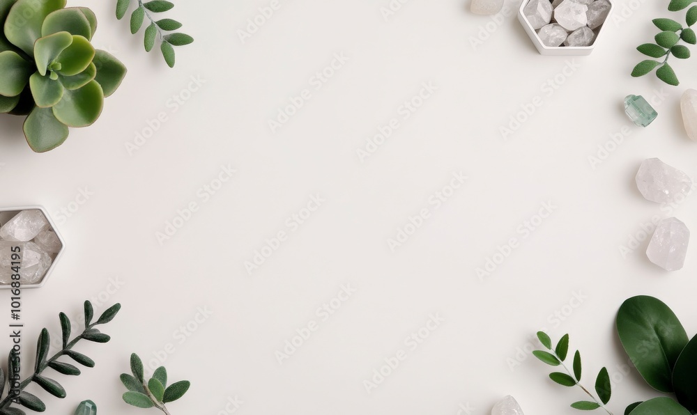 Naklejka premium White Background with Green Foliage and Crystals.