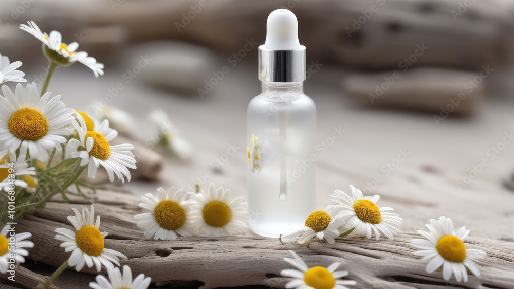 Mock up serum extract or any beauty product from natural ingredients standing on driftwood surrounded chamomile flowers. Mock up serum extract or any beauty product from natural ingredients standing on driftwood surrounded chamomile flowers.