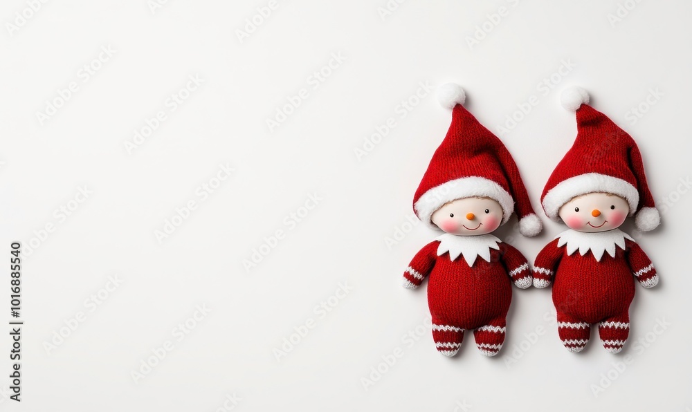 Two Christmas Elves in Santa Hats on White Background. Two Christmas Elves in Santa Hats on White Background.