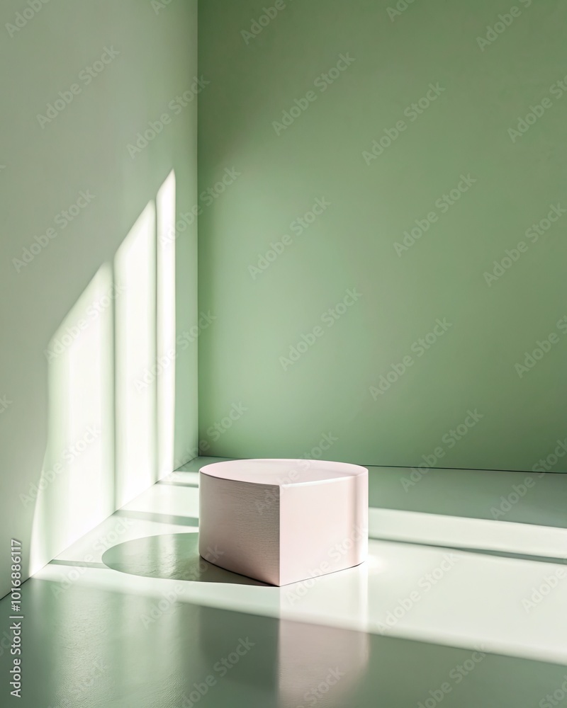 Bright room with a single cube casting a shadow.