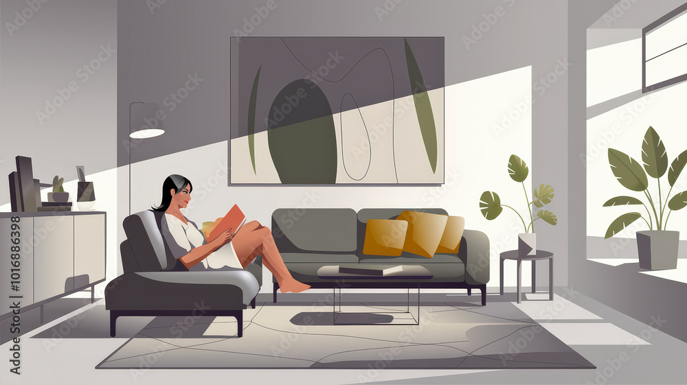 Fototapeta premium Modern, sleek graphic design illustration of a woman sitting relaxed on a contemporary couch, reading a book. The room is minimalist, with clean lines, simple furniture, and a neutral palette 