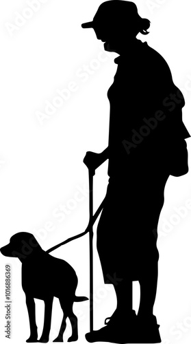 Vector Silhouette Design of Old Blind Man with Cane and Guide Dog for White Cane Day