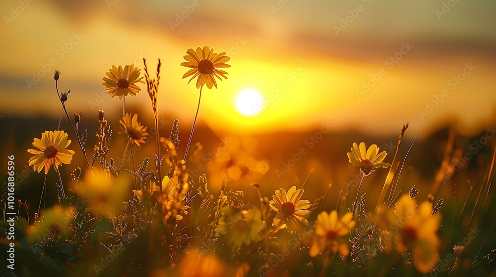 Sunset over the meadow with yellow daisies in summer Sunset over the meadow with yellow daisies in summer