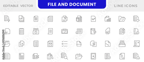 File and Document line icon set. Contains contract papers, folder, certificate, approved, clipboard, invoice, archive, quality control, checklist, and clipboard line icon set. Ui thin line icon pack.