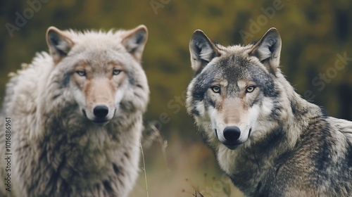 Two gray wolves in the field. Close-up of wild animals