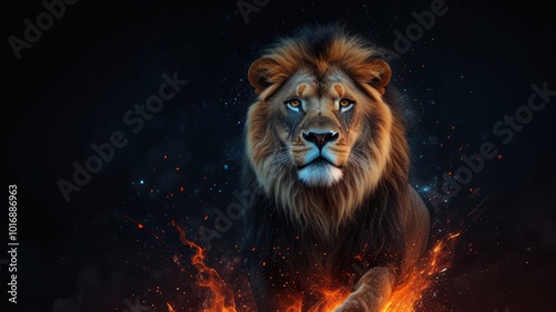 A majestic lion with a fiery mane stands against a dark background, radiating power and intensity.