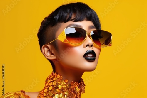 Female model sunglasses lipstick portrait. photo