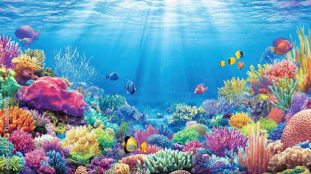 Naklejka premium Vibrant Underwater Coral Reef with Colorful Fish