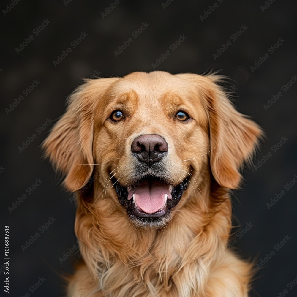 A cheerful golden retriever with a bright smile against a dark background, perfect for pet-related content, advertising, or online articles about dog care and companionship, A cheerful golden retriever with a bright smile against a dark background, perfect for pet-related content, advertising, or online articles about dog care and companionship,