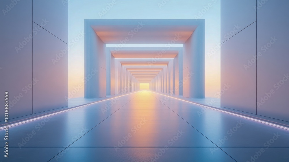 Futuristic corridor with glowing lights in modern architectural design at dusk Futuristic corridor with glowing lights in modern architectural design at dusk