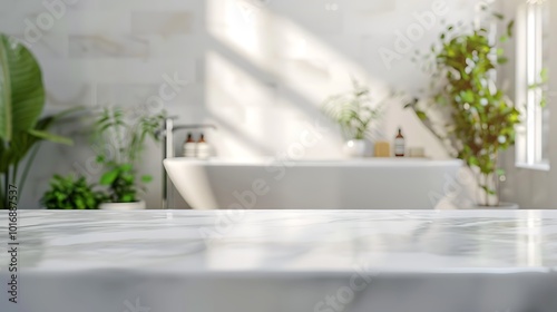 White marble table top with blurred bathroom interior background. For product display