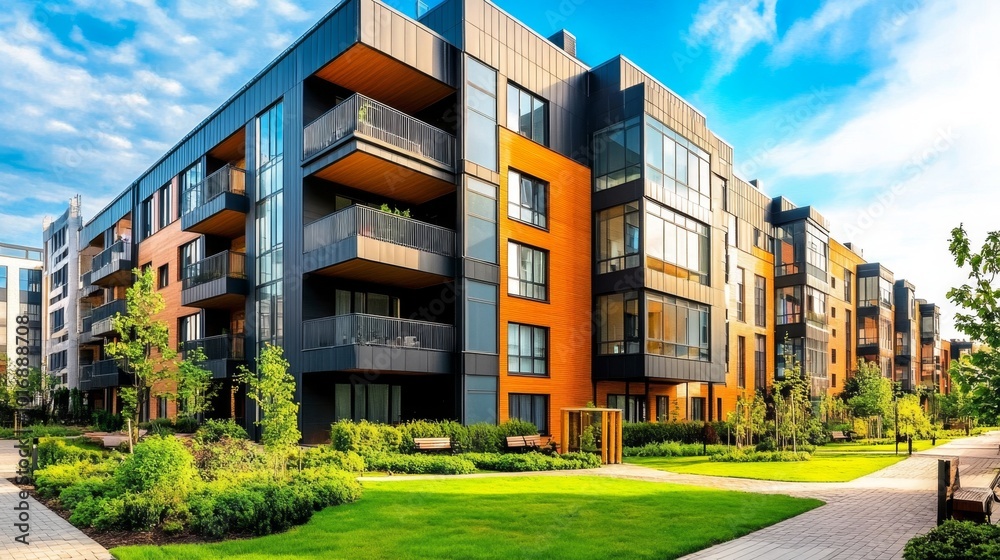 New modern block of flats in green area. residential apartment with flat buildings exterior. luxury house complex. Part of City Real estate property, condo architecture. apartment insurance concept New modern block of flats in green area. residential apartment with flat buildings exterior. luxury house complex. Part of City Real estate property, condo architecture. apartment insurance concept